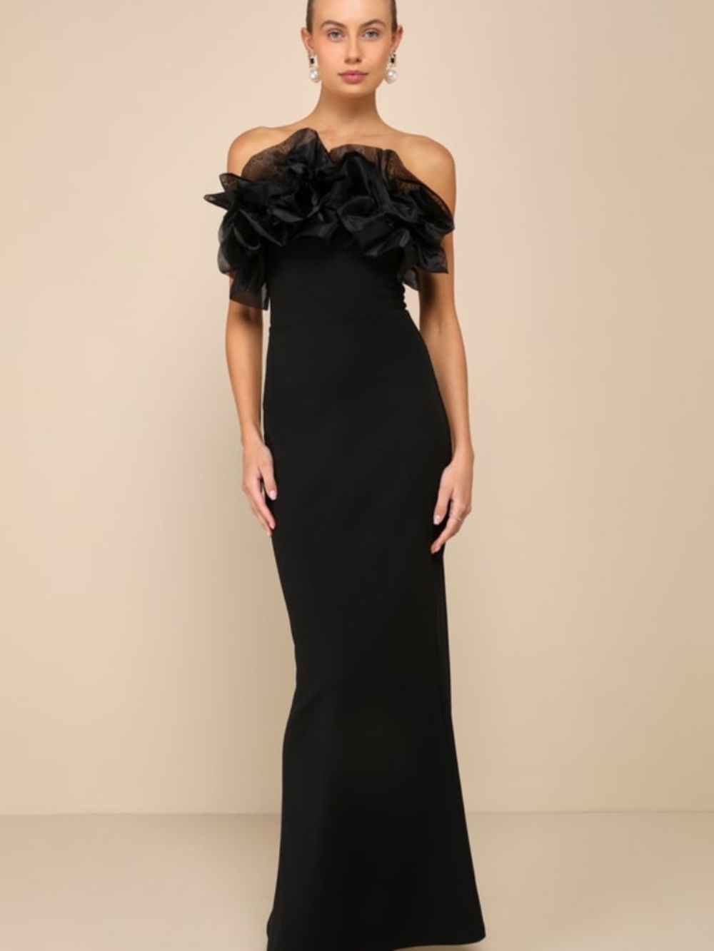 Lulus Evening Excellence Black Ruffled Strapless Mermaid Maxi Dress - Size XL